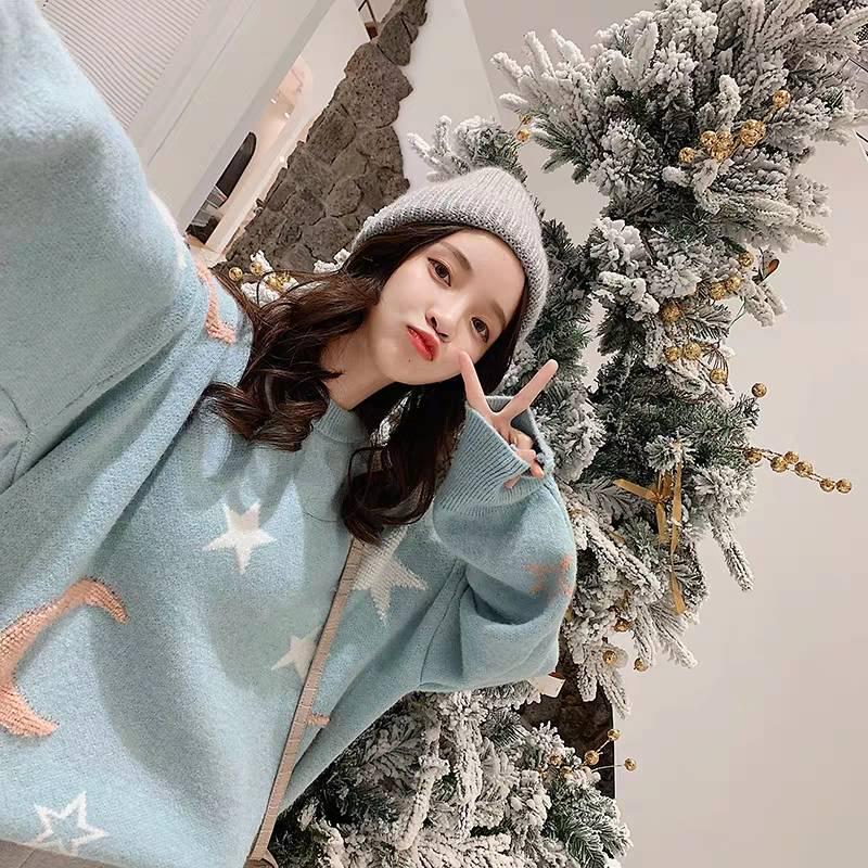Stars and Moon Sweater Women Winter Loose Round Neck Long Sleeved Pullover Knitted Sweater