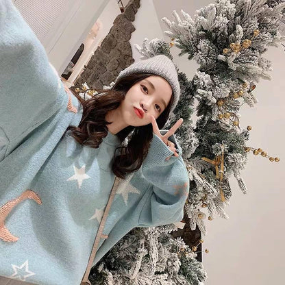 Stars and Moon Jacquard Sweater Women's Loose Round Neck Long Sleeved Knitted Sweater