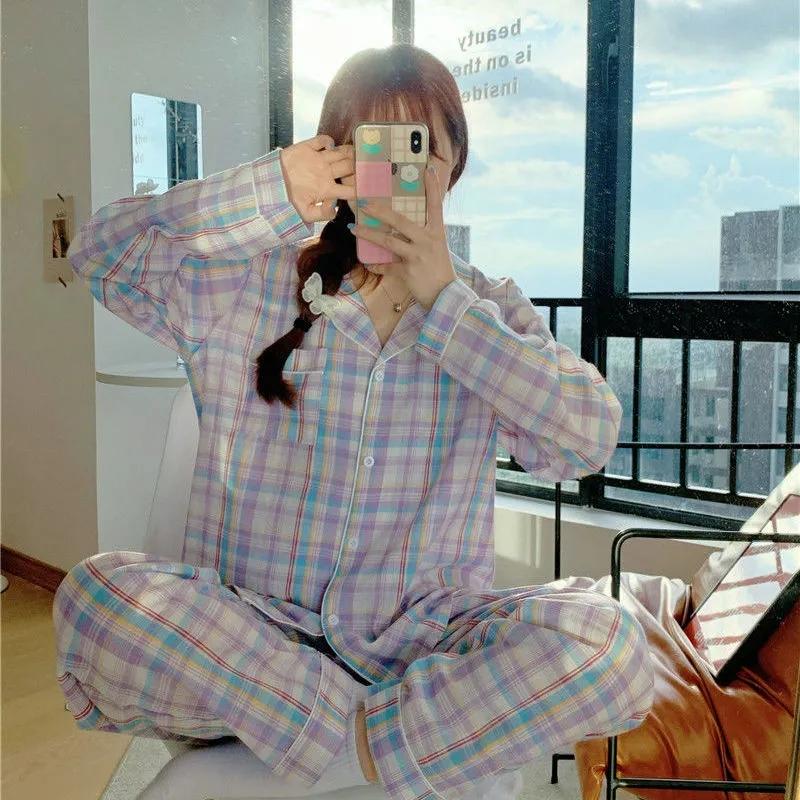 Women Plaid Pajamas Cartoon Cute Pyjamas Set Turn-down Collar Sleepwear Suit Casual Loose Home Wear V Neck Girls Long Sleeve Autumn Winter Nightwear
