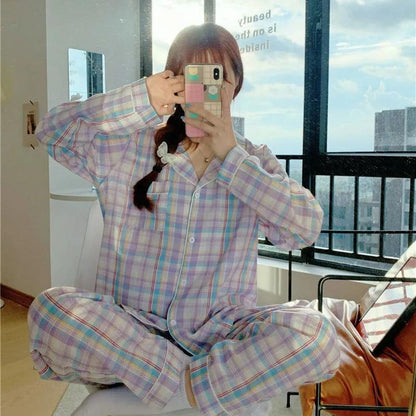 Women Plaid Pajamas Cartoon Cute Pyjamas Set Turn-down Collar Sleepwear Suit Casual Loose Home Wear V Neck Girls Long Sleeve Autumn Winter Nightwear