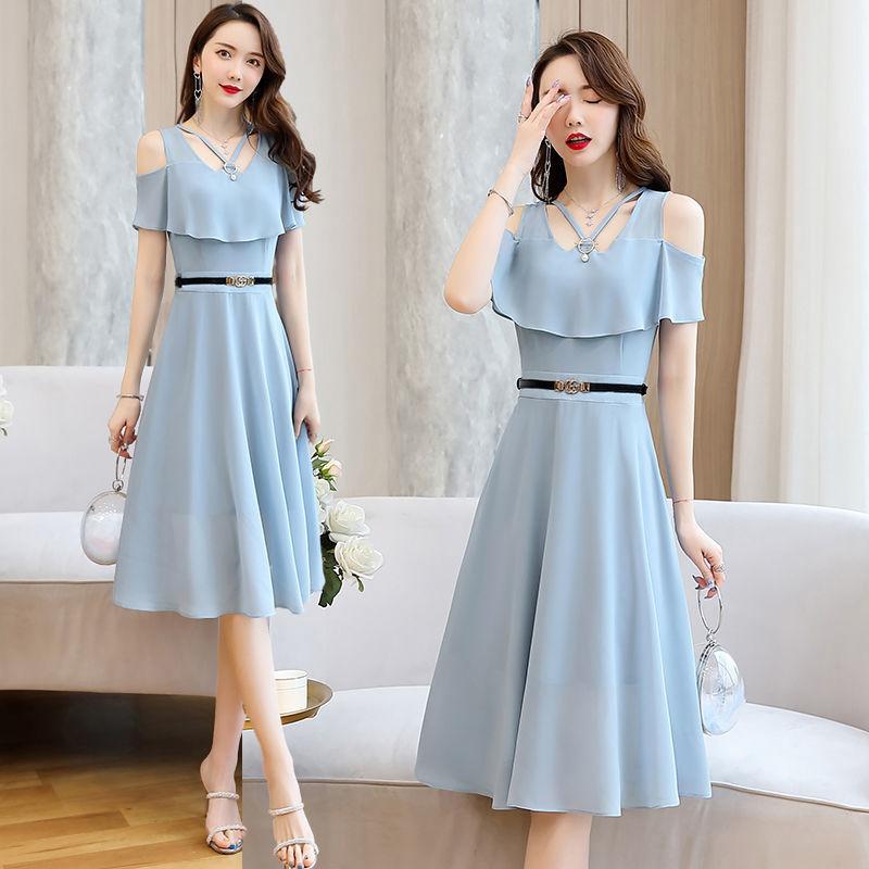 Chiffon Dress Women's Waist Slimming Temperament Strapless Mid-length Skirt A-line Skirt Slimming Chiffon Large Size Dress Mid-length Chiffon Skirt