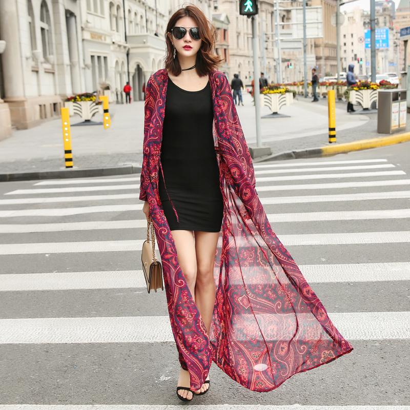 Women's Ethnic Style Sun-Dress Mid-length Plus Size Shawl Loose Outer Chiffon Cardigan Thin Coat Beach