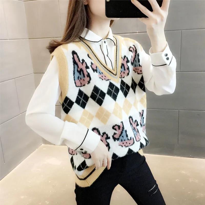 Vest Women's Spring and Autumn Retro Jacquard Knitted Sweater Rhombus Sweater Coat