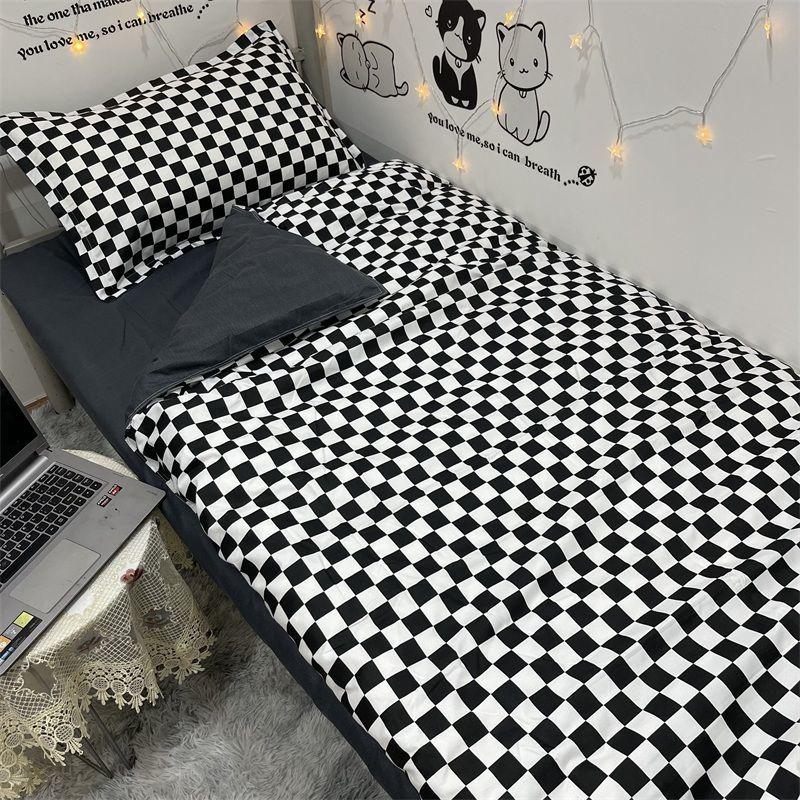 Nordic Simple Check Stripe Bed Three-piece Quilt Cover Sheet Pillow Case Single Bed Set