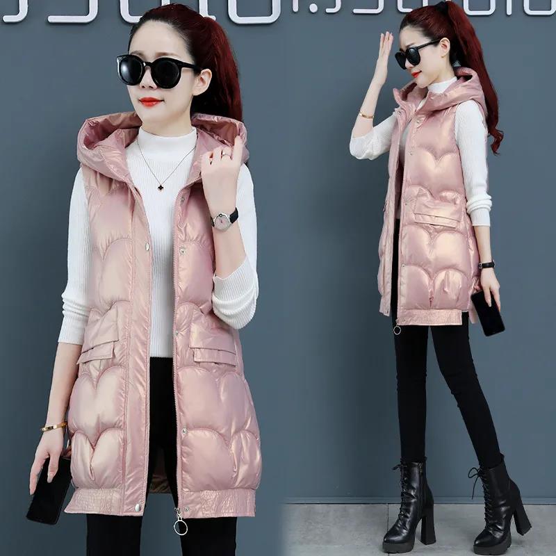 Winter Ladies Hooded Down Vest Jacket Fashion Glossy Down Cotton Sleeveless Jacket Thicken Warm Winter Vest