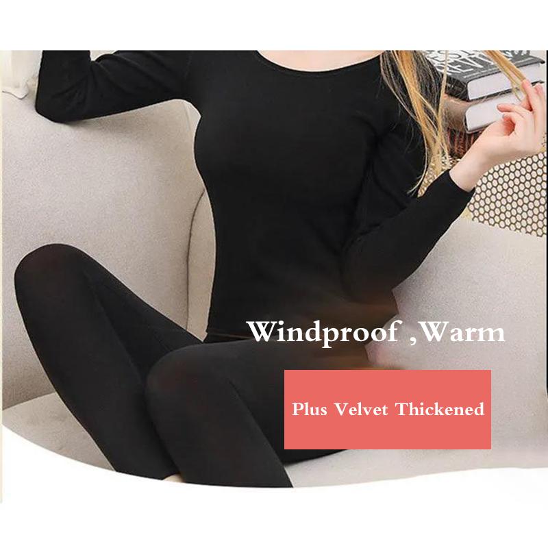 Women Plus Size Winter Thermal Underwear Plus Velvet Thickened O-neck Tops Pants Female Tight Suit Windproof Comfortable Soft Lining Long Sleeve