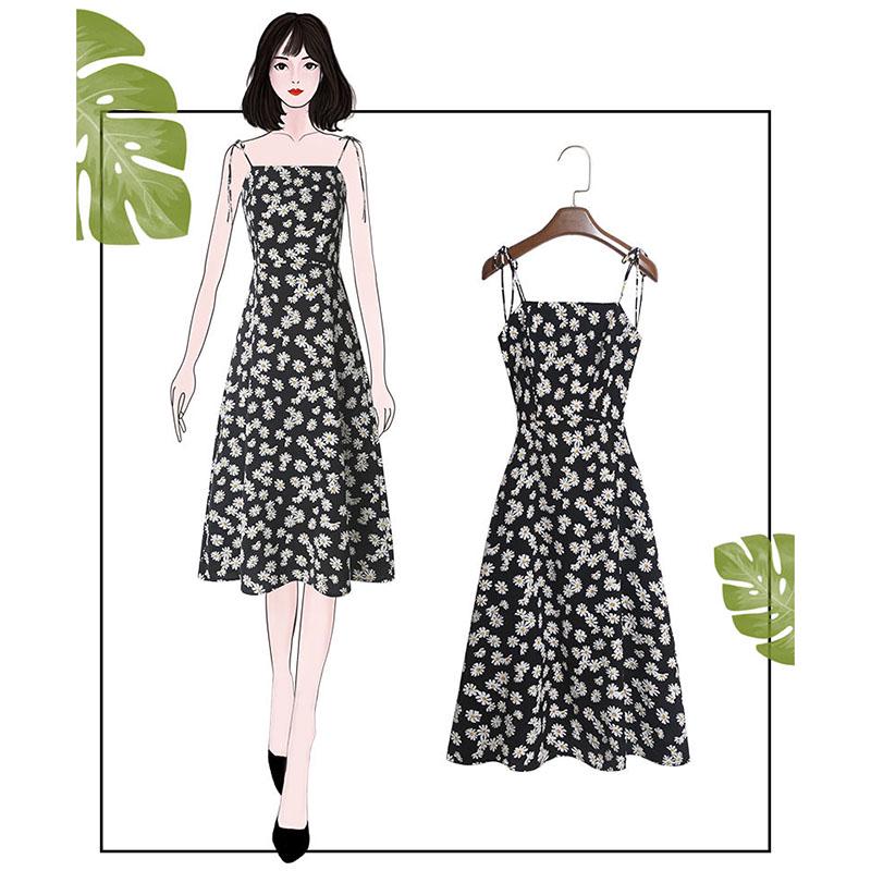 Pofulove Women's Little Daisy Floral Dress Summer Sleeveless slip dress  Midi Sexy A-line ruffled Spaghetti Strap Dress