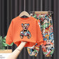 Boys and Girls Wear Cute Bear Print Sweater + Anime Print Pants Casual Loose Spring and Autumn Comfortable Breathable Sweat Two-piece Suit