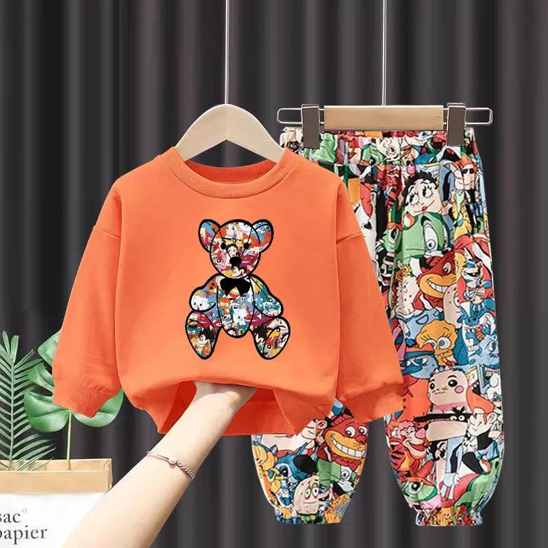 Boys and Girls Wear Cute Bear Print Sweater + Anime Print Pants Casual Loose Spring and Autumn Comfortable Breathable Sweat Two-piece Suit
