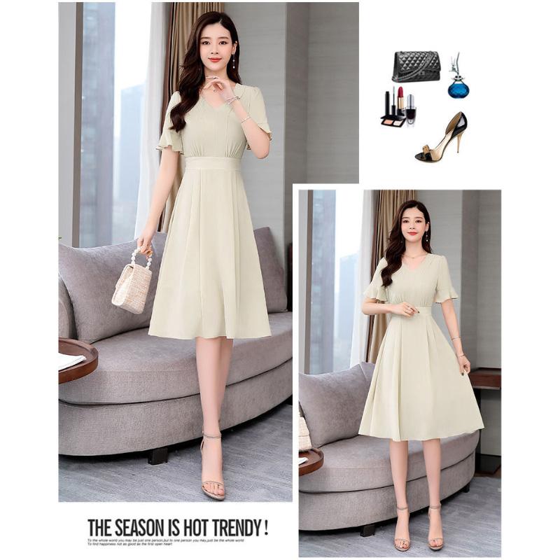 Casual Women's Chiffon Elegant Retro Trend Short Sleeve Spring Summer Mid Length Dress Solid Dress
