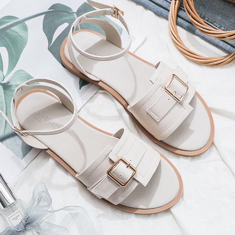 Women Summer Shoes Lightweight Fashion Sandals Black Retro Flat Sandals Ankle Strap Metal Buckle Ladies Sandals