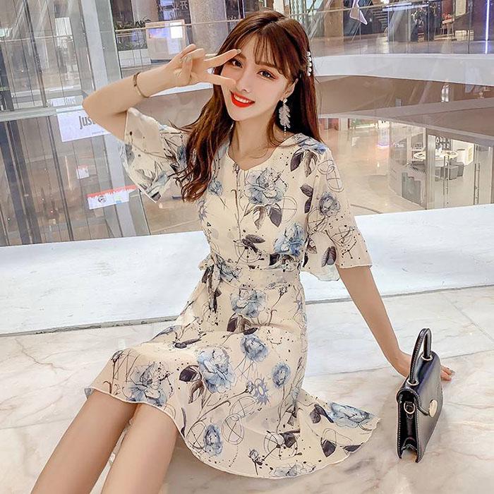Pofulove S-4XL Women Summer Sweet Printed Chiffon Dress Slim Midi-length V-neck A-line Beach Skirt