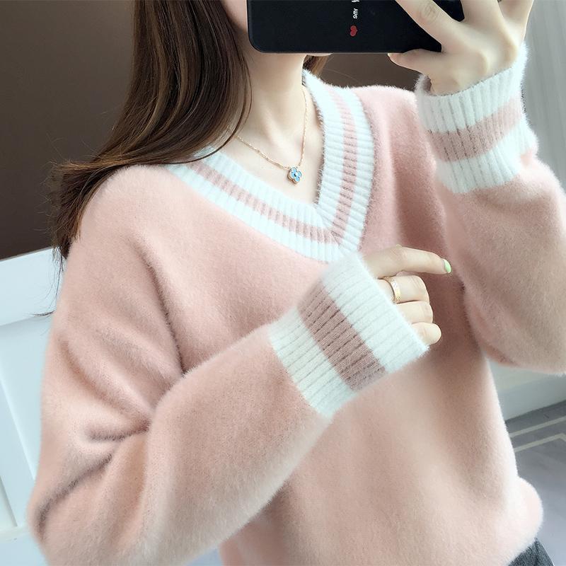 Autumn and Winter Mohair Thick Sweater Short V-neck Loose Coat Long Sleeve All-match Female Top