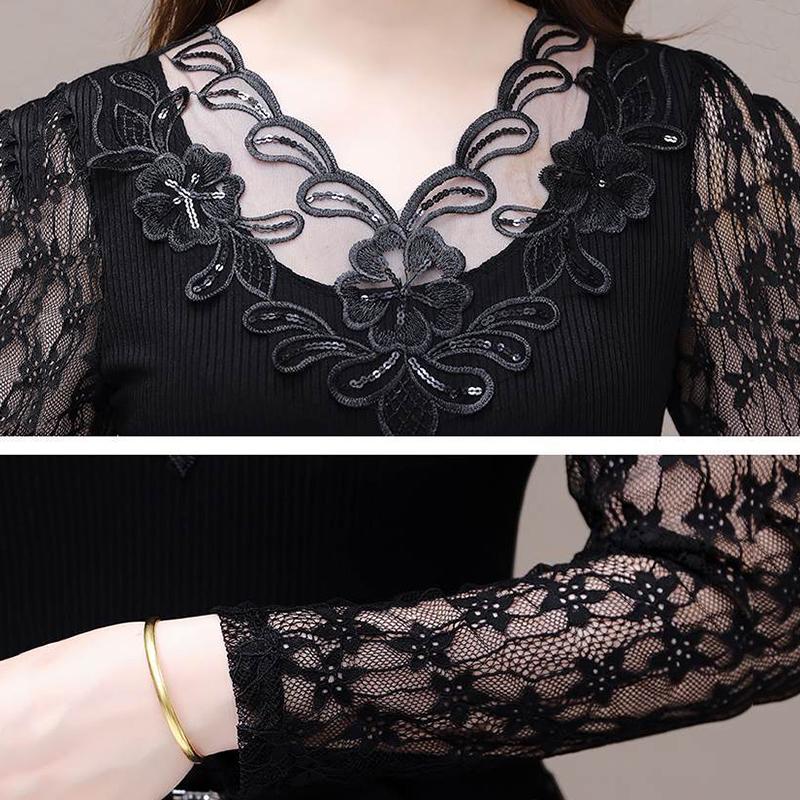 Spring and Summer Black V-neck Lace Stitching Dress Mesh Large Size Waist Skirt A-line Dress Covering Belly Mid Skirt