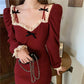 Girl Retro Elegant Temperament Waist Was Thinner Shoulder Lace Knitted Dress Autumn  Winter