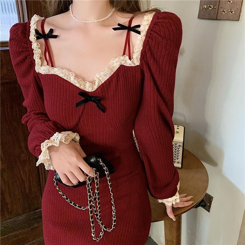 Girl Retro Elegant Temperament Waist Was Thinner Shoulder Lace Knitted Dress Autumn  Winter