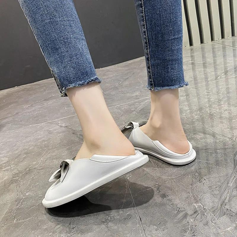 Ladies Slip-on Beanie Shoes Bow Flat Shallow Mouth Single Shoes Soft Bottom Comfortable Mother Shoes with Skirt Small White Shoes