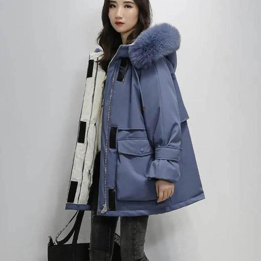 Women's Mid-length Down Padded Jacket Loose and Thick Large Fur Collar Padded Jacket