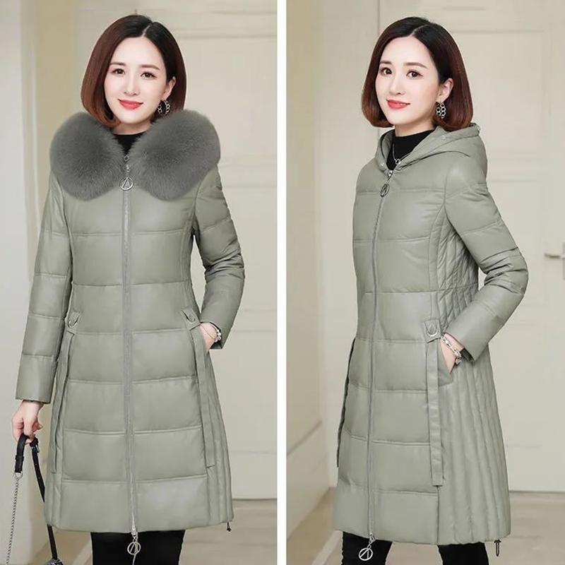 Women's Solid Color Embroidered Down Jacket Mid-length Korean Style Loose Thick Coat Warm Cotton Coat Large Fur Collar Winter Quilted Jacket