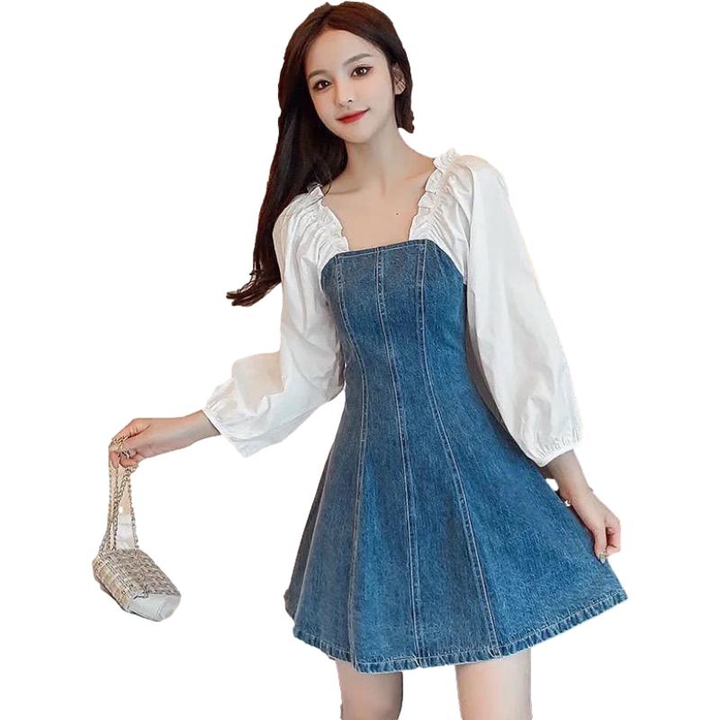 Women's Denim Dress A-line Skirt Puff Sleeves Spring and Summer Sexy Above The Knee Length Daily Wear Office Dating Party