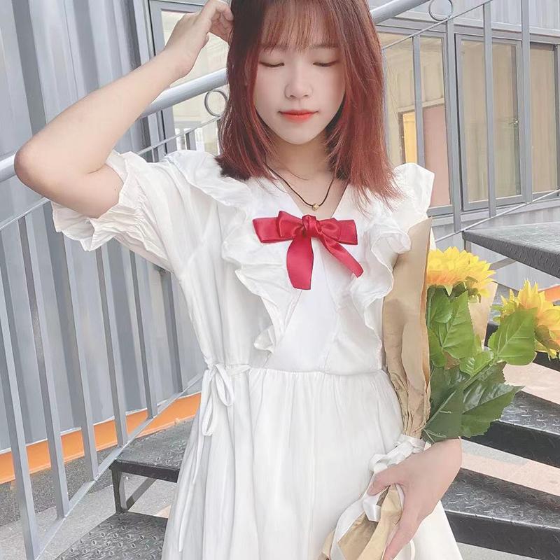 Women's Summer Dress Short Sleeve Sweet and Cute Bow Dress Summer Student White Chiffon Skirt Daily Wear Office Dating Party