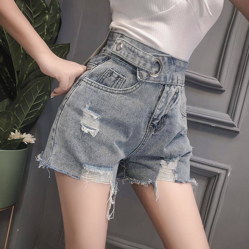 Jeans Women Summer Korean Fashion All-match Denim Short Pants Hoop High Waist Ripped Shorts