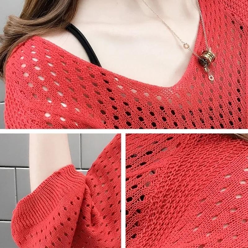V-neck Bat Sleeve T-shirt Female Blouse Loose Large Size Short Upper Top Summer Hollow Sweater Women's Clothing