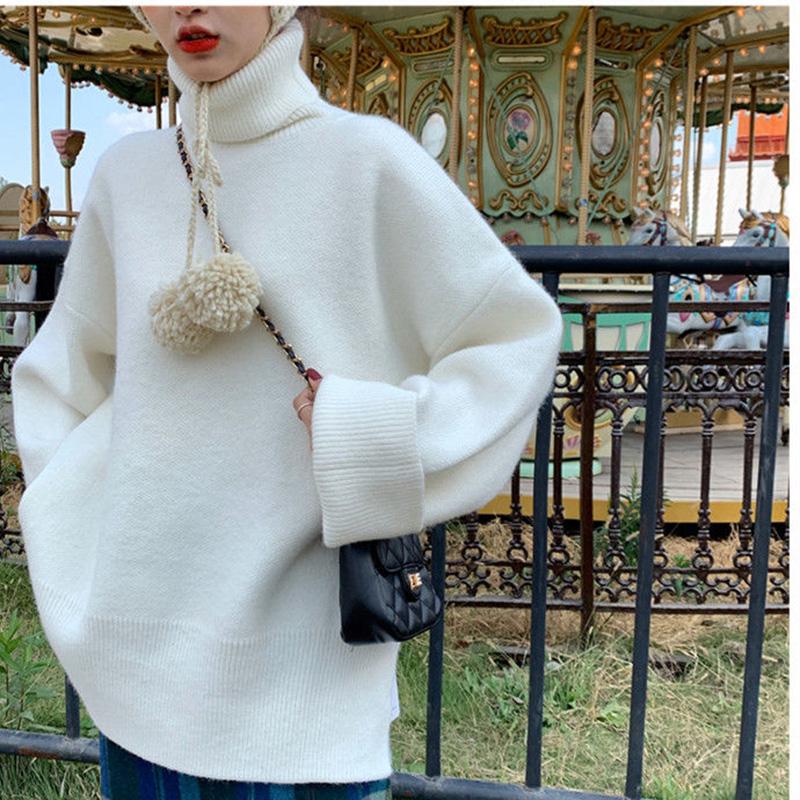 Winter Thick Solid Color Sweater Female Students Korean Turtleneck Pullover Bottoming Shirt Wild Split Stitch Loose Knit Sweater Jacket