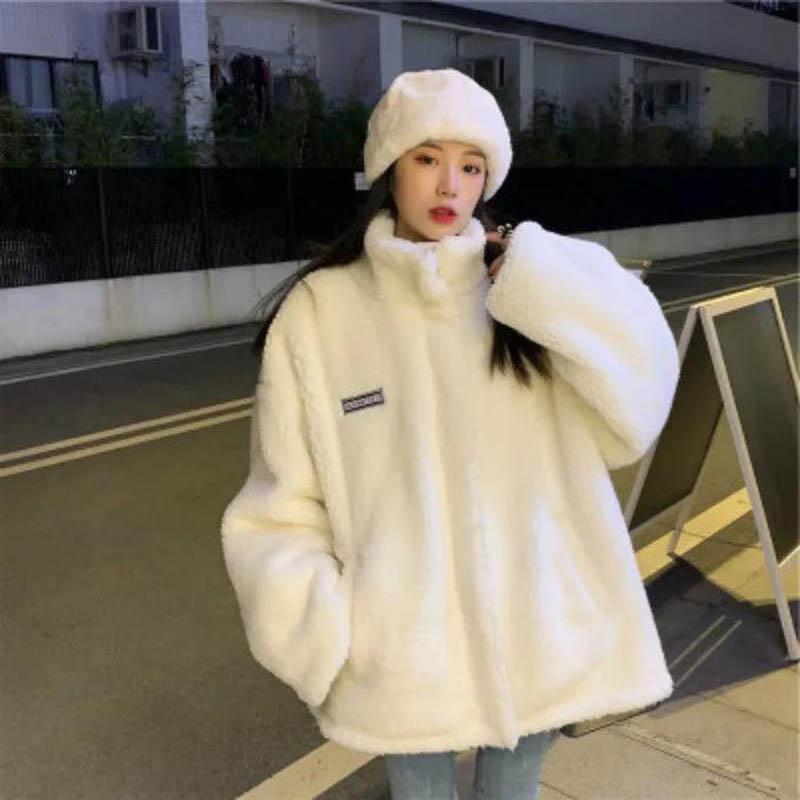 Stand-up Collar Lamb Hair Thickened Single-sided Cotton-padded Jacket Women's Spring and Autumn Loose All-match
