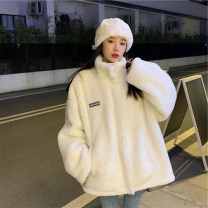 Stand-up Collar Lamb Hair Thickened Single-sided Cotton-padded Jacket Women's Spring and Autumn Loose All-match