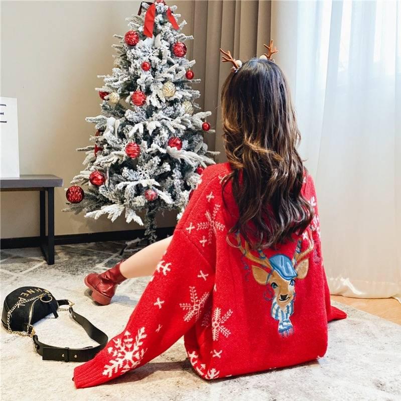 Women 2 Colors Christmas Theme Elk Embroidery Long Section Sweater Crew Neck Loose Pullover