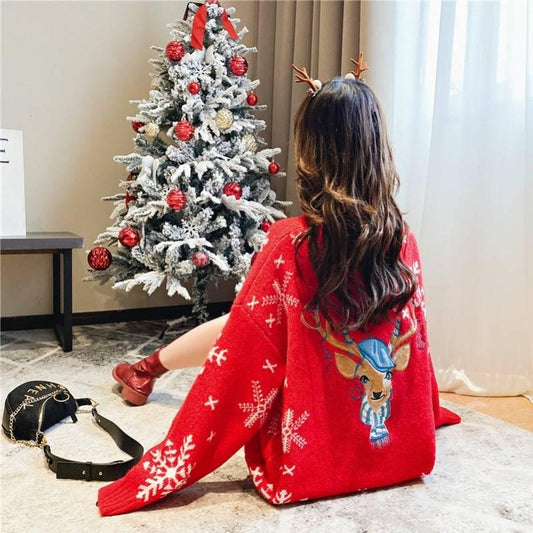 Women 2 Colors Christmas Theme Elk Embroidery Long Section Sweater Crew Neck Loose Pullover