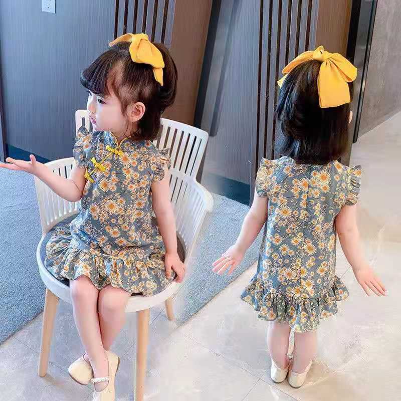 Children Dress Spring Summer Broken Flower Kids Clothing  Baby Girls Clothing Sleeveless Cheongsam Dress Girl