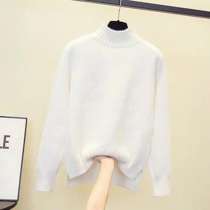 Half Turtleneck Imitation Mink Fleece Thickened Sweater Women's Korean Style Loose Pullover Knitted Bottoming Shirt