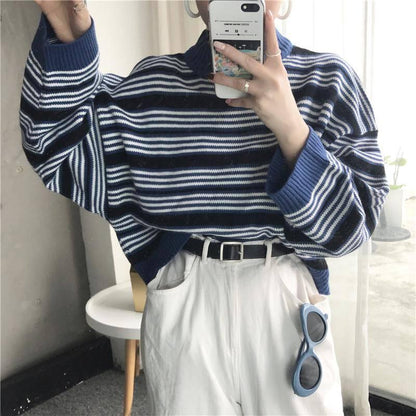 Striped Autumn Winter Retro Harbor Style Sweater Female Students Loose Wild BF Harajuku
