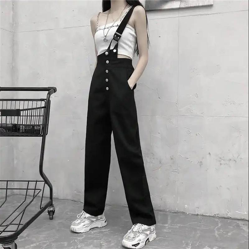 One-shoulder Overalls Female Student Jeans Autumn  Summer Black  White Pants Loose Thin High-waisted Wide-leg Pants