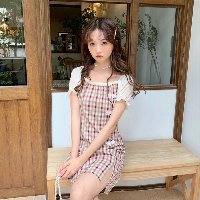 Cheongsam Modified Slim Dress Simple and Elegant Plate Button Split Lattice Bubble Sleeve Dress