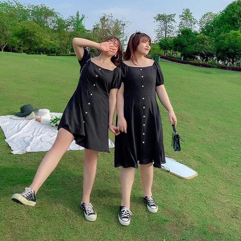 Super Loose Dress Women's Rectangular Neckline Bubble Short-sleeved Mid-length Waist Slimming Loose Version Dress Women's Loose Casual Sweet Dress