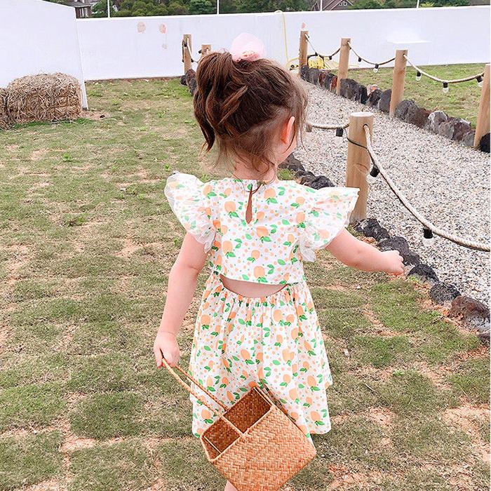 Girl's Back Hollow Out Dress Orange Skirt Children's Sleeveless Skirt Button Korean Baby Broken Flower Princess Skirt