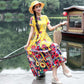 Women Ethnic Style Printed Dress Summer Loose Large Size Short-sleeved Literary Retro Waist Long Skirt