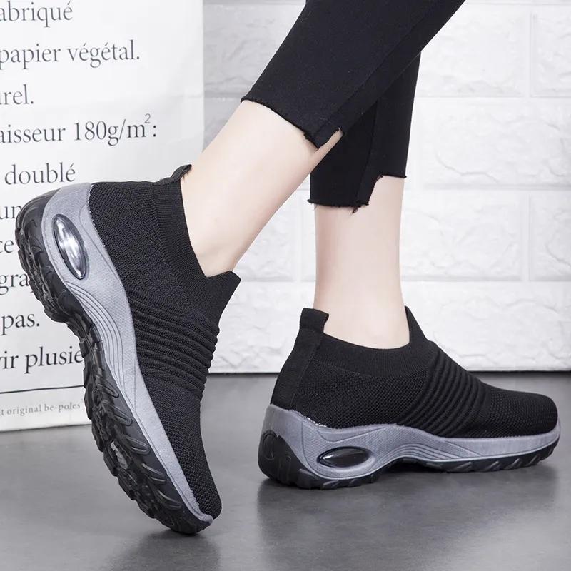 Women's Mid High-heeled Sneakers Casual Breathable Mesh Sports Shoes Running Flat Shoes Slip on Thick-soled Dance Shoes