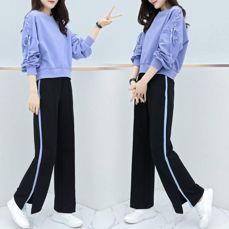 Women's Casual Suit Round Neck Long-sleeved Pullover Blouse + Loose Wide-leg Trousers Casual Two-piece Simple Style Comfortable and Warm