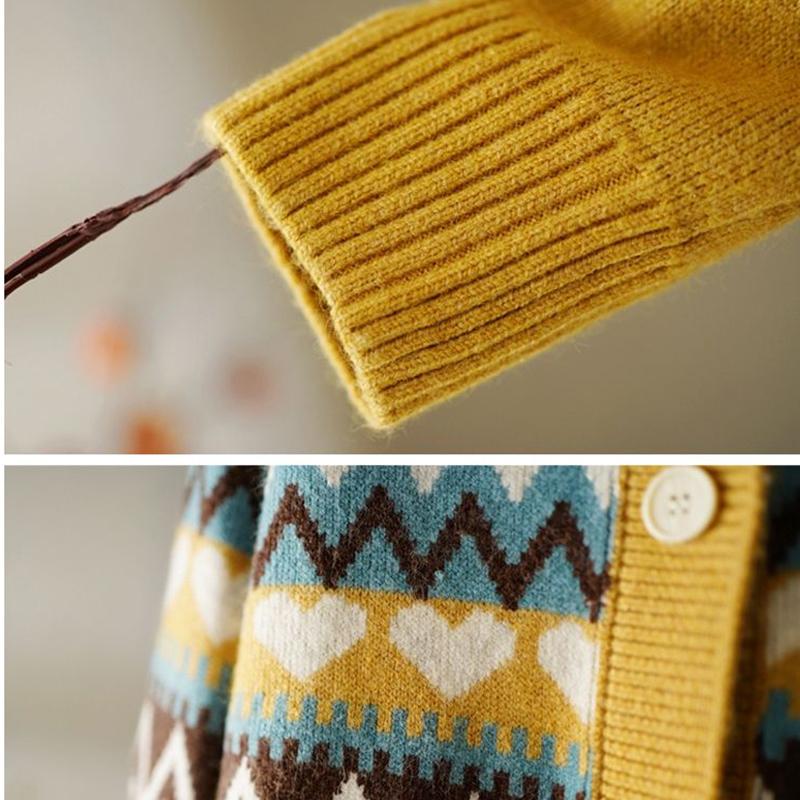 Retro Love Jacquard Round Neck Sweater Loose Ethnic Style Sweater Cardigan Jacket Long-sleeved Warm Casual Jacket