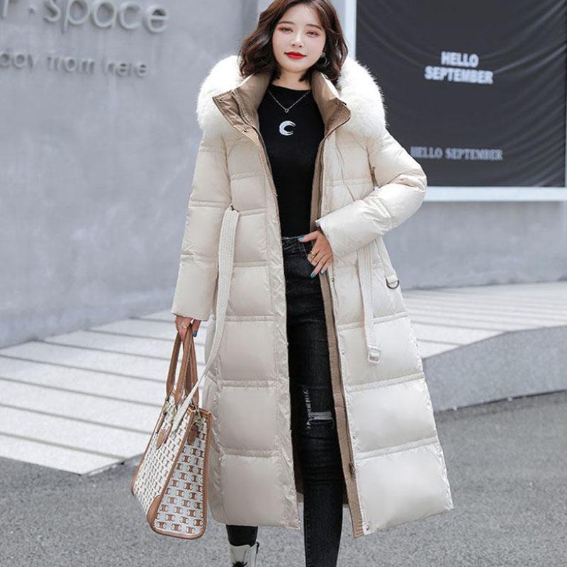 Long Down Jacket Fashion Fur Collar Waist Down Cotton-padded Jacket Over The Knee Thick Winter Padded Jacket Suitable for Women
