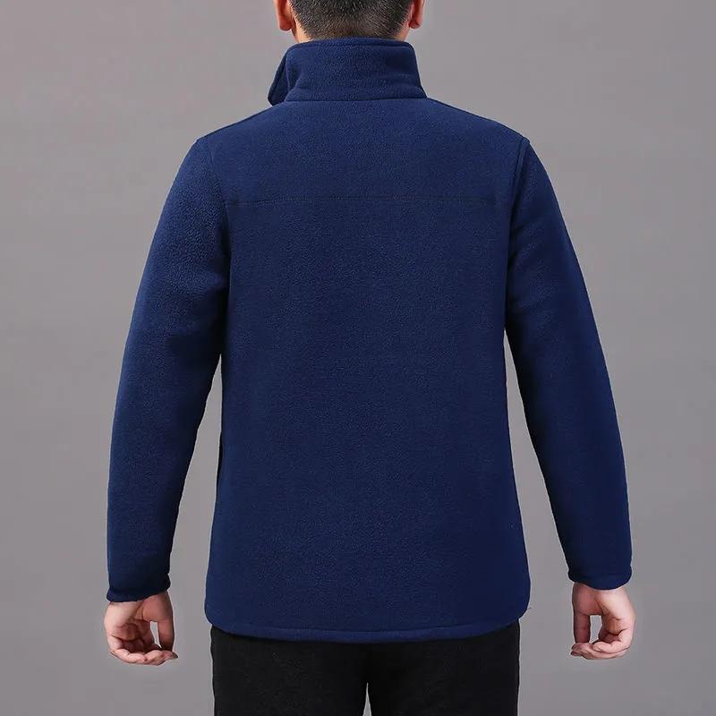 Middle-aged Elderly Men's Polar Fleece Sports Jacket Spring and Autumn Stand Collar Loose Outdoor Casual Sweatshirt Fleece Solid Color Short Top