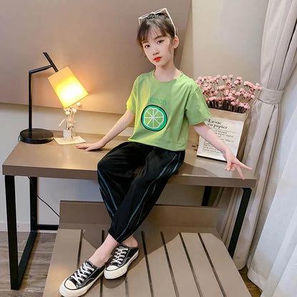 Girls Summer Green Printed Short Sleeves + Low Waist Beam Ninth Pants Loose Casual Simple Style Children's Thin Two-piece Set
