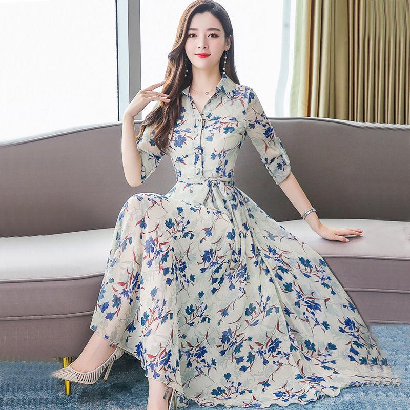 Big swing skirt long skirt spring and autumn women's floral chiffon long-sleeved dress long section