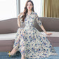Spring and Autumn Women's Floral Chiffon Long Sleeve Dress Long Thin Waist Slim Waist Skirt
