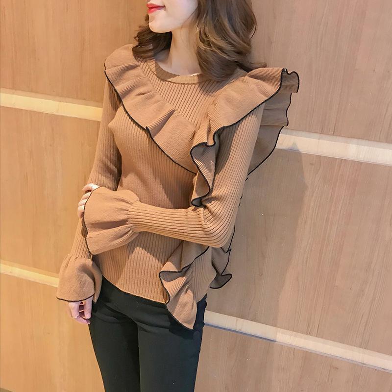 Pofulove early spring new sweater sweater women sweet temperament ruffled flared sleeve cardigan
