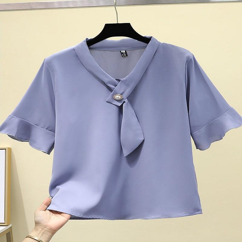 Summer Ladies Top Sleeve Shirt Chiffon Short Sleeve blouse V-neck Solid Color Breathable blouse